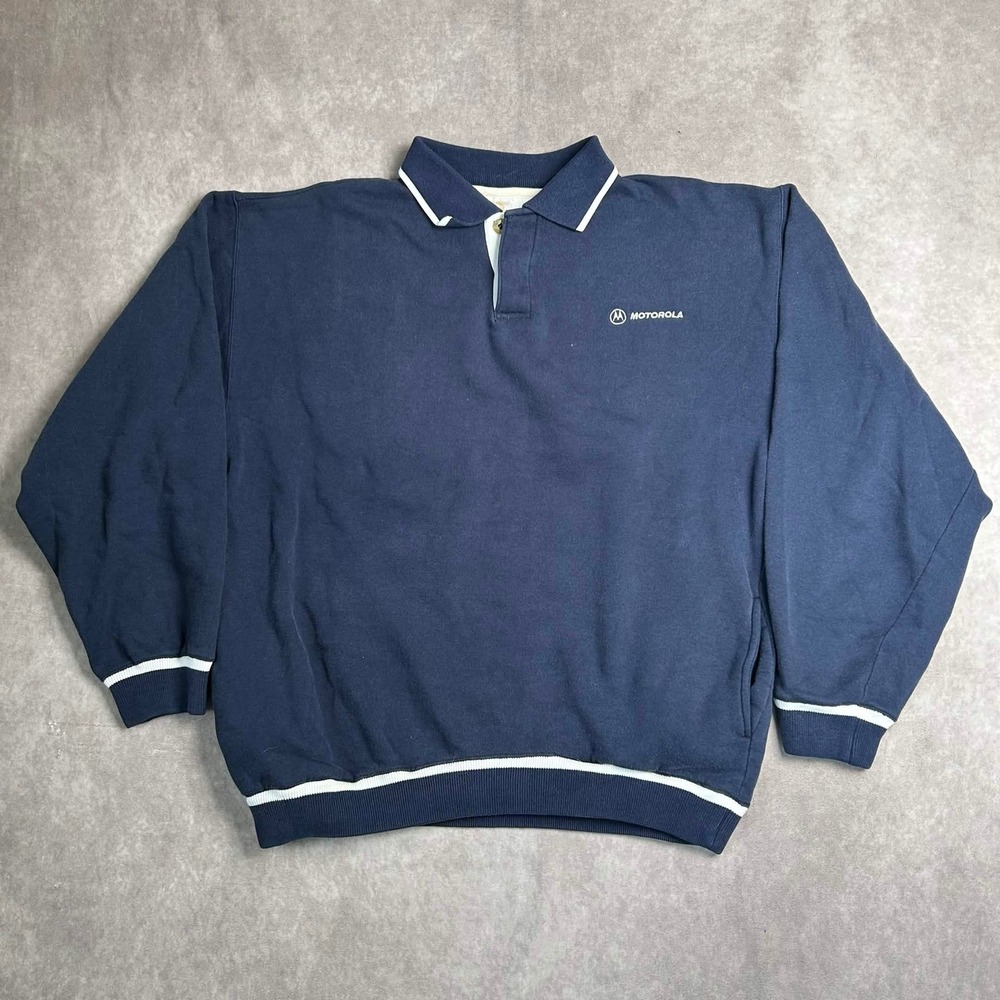 Vintage Motorola Navy Blue Polo Sweatshirt Mens Medium Tech Promo 90s 00s Rugby